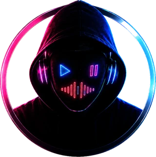 MR BEATS emblem — hooded masked figure in a pink and blue neon ring
